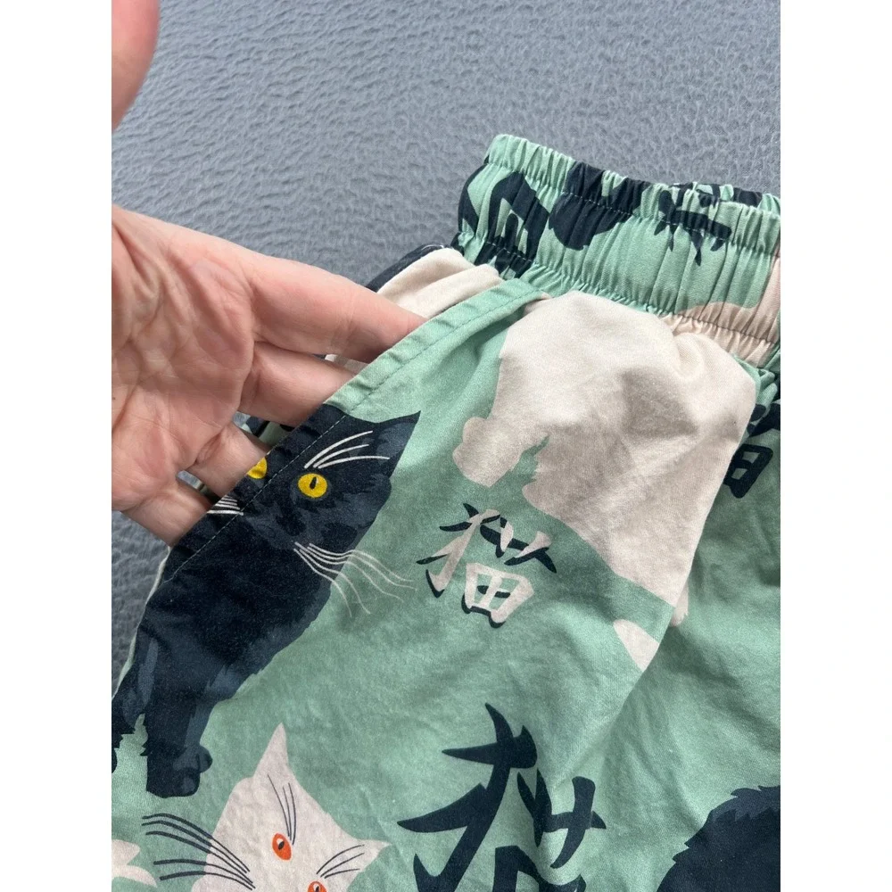 Kidoriman Pajama Pants Lounge Womens Sz M Green Cats Japanese Kanji Drawstring - Picture 2 of 14